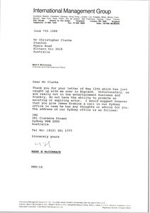 Letter from Mark H. McCormack to Christopher Clarke