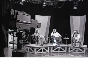 Commune members at the WGBY Catch 44 (open access television) interview: Anne Baker, James Baker, and Bruce Geisler on stage