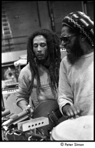 Bob Marley and the Wailers rehearsing: Bob Marley (left) with Alvin 'Seeco' Patterson