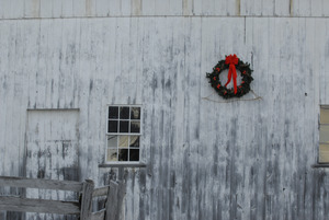 Christmas wreath hung on the side of a barn