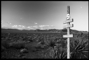 Sign post at the Nevada Test Site peace encampment reading 'Peace is strength'