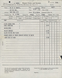 Willys-Overland repair order and invoice
