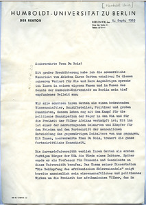 Letter from Humboldt-Universität zu Berlin to Shirley Graham Du Bois