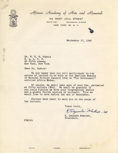 Letter from African Academy of Arts and Research to W. E. B. Du Bois