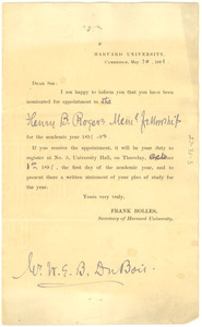Letter from Harvard University to W. E. B. Du Bois