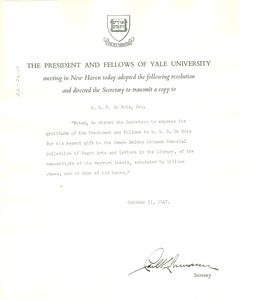 Letter from President and Fellows of Yale University to W. E. B. Du Bois