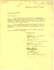 Letter from Collegiate Club to W. E. B. Du Bois