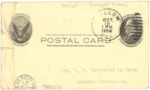 Postal card from Joseph Ellison to W. E. B. Du Bois