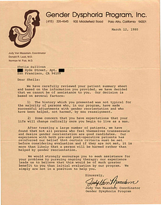 Lou Sullivan's Rejection Letter from Stanford University's Gender Dysphoria Program (March 12, 1980)