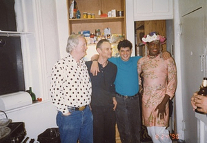 Photographs Featuring Marsha P. Johnson Wearing a Pink Floral Dress and Floral Headpiece, Posing With Friends for her Birthday Party