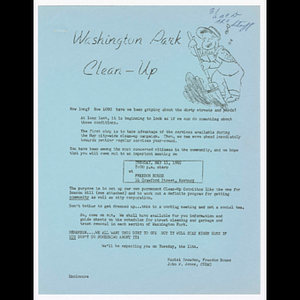 Flier for Washington Park clean-up to be held May 11, 1965 at Freedom House