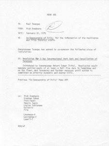 Memo #55 to Paul Tsongas from Rich Arenberg regarding Co-sponsorship of Bills: for the information of the Washington and Fifth District Staffs