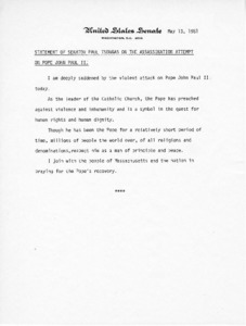 Statement of Senator Paul Tsongas on the Assassination Attempt on Pope John Paul II