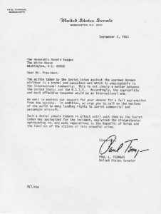 Letter from Paul E. Tsongas to Ronald Reagan