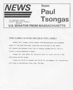 Tsongas to address the National Press Club on Tuesday, October 5