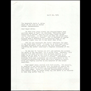 Letter, Mayor Kevin White, April 24, 1973.