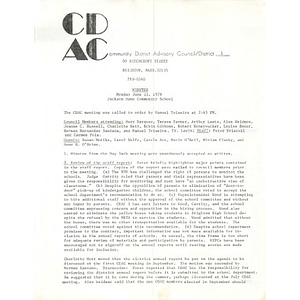 Community District Advisory Council District I minutes, June 11, 1979.