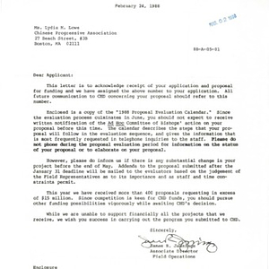 Letter from the United States Catholic Conference's Campaign for Human Development acknowledging receipt of the Chinese Progressive Association's grant application