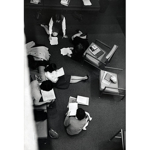Bird's eye view of female students studying in Ell Student Center