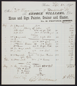 Billhead for George Williams, Dr., house and sign painter, grainer and glazier, No. 3 Province Court, Boston, Mass., dated September 30, 1875