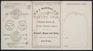 Price list for H.N.F. Marshall & Co., importers and dealers in paints, oils, window glass, 78 Broad Street, Boston, Mass., dated July 6, 1863