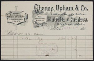 Billhead for Cheney, Upham & Co., jobbers and commission merchants, 10 New Faneuil Hall Market, Boston, Mass., dated March 10, 1902