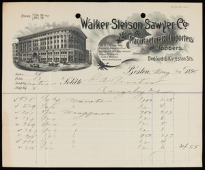 Billhead for the Walker Stetson Sawyer Co., manufacturers, importers and jobbers, Bedford & Kingston Streets, Boston, Mass., dated May 20, 1895