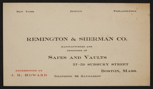 Trade card for Remington & Sherman Co., safes and vaults, 57-59 Sudbury Street, Boston, Mass., undated