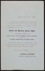 Handbill for Charles A. Hastings, French and American flowers, buds, 13 Milk Street, opposite Old South, Boston, Mass., March 1, 1865