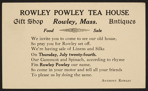Postcard for the Rowley Powley Tea House, gift shop, antiques, Anthony Rowley, Rowley, Mass., 1924