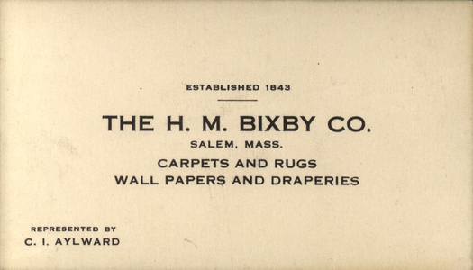 Trade card for The H.M. Bixby Co., carpets and rugs, wall papers and draperies, Salem, Mass., undated