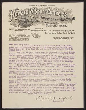 Letterhead for Howard W. Spurr Coffee Co., importers and roasters, 23 & 25 Commercial Street, Boston, Mass., undated