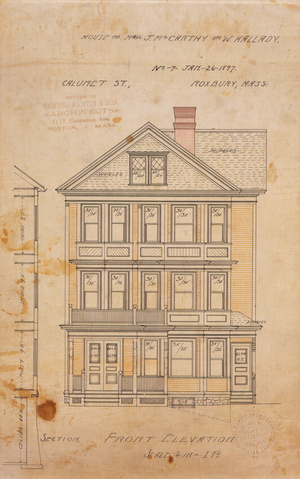 Front elevation and wall section drawing of the John McCarthy and William Kallady Houses, Roxbury, Boston, Mass., Jan. 26, 1897