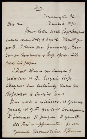 John Coburn to Thomas Lincoln Casey, March 6, 1874, copy