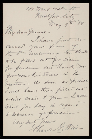 Charles G. Weir to Thomas Lincoln Casey, May 9, 1889