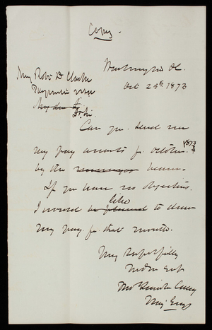 Thomas Lincoln Casey to Robert D. Clarke, October 25, 1873, copy