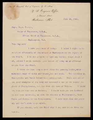 William P. Craighill to Capt. [Thomas] Turtle, June 22, 1891