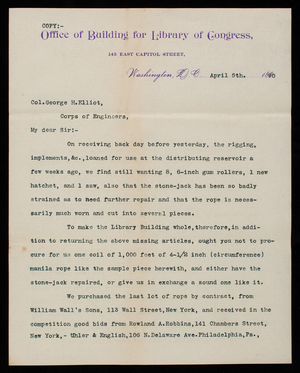 Bernard R. Green to George H. Elliot, April 5, 1890, copy