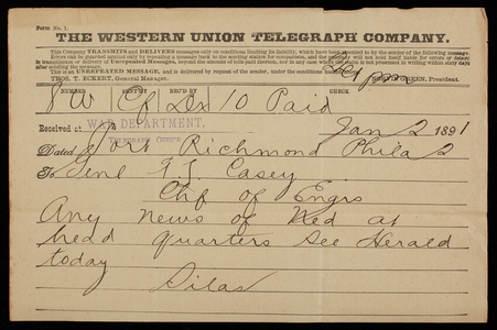 Admiral Silas Casey to Thomas Lincoln Casey, January 2, 1891, telegram