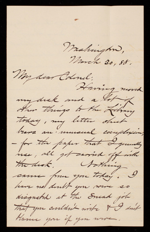 Bernard R. Green to Thomas Lincoln Casey, March 30, 1888