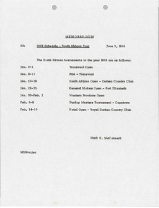 Memorandum concerning 1969 Schedule, South African Tour
