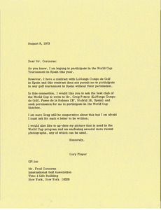 Letter from Gary Player to Fred Corcoran