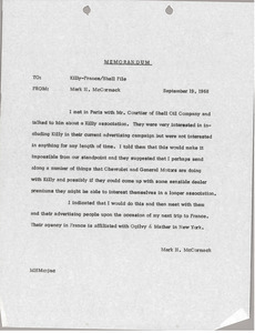 Memorandum from Mark H. McCormack concerning the Killy-France/Shell File