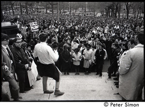 Demonstration on steps of the Massachusetts State House following the assassination of Martin Luther King: demonstrators preparing to ascend the steps