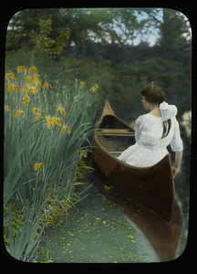 Woman in canoe, near yellow iris