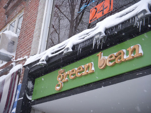 Facade of the Green Bean, 241 Main Street, Northampton, Mass., in heavy snow