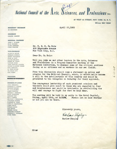 Letter from National Council of the Arts, Sciences, and Professions to W. E. B. Du Bois