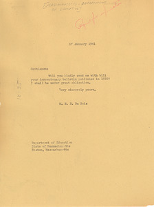 Letter from W. E. B. Du Bois to Massachusetts Department of Education