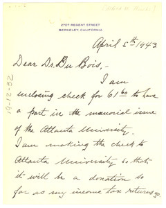 Letter from Alfred W. Hincks to W. E. B. Du Bois