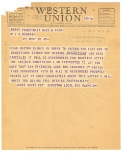 Telegram from James Watts to W. E. B. Du Bois